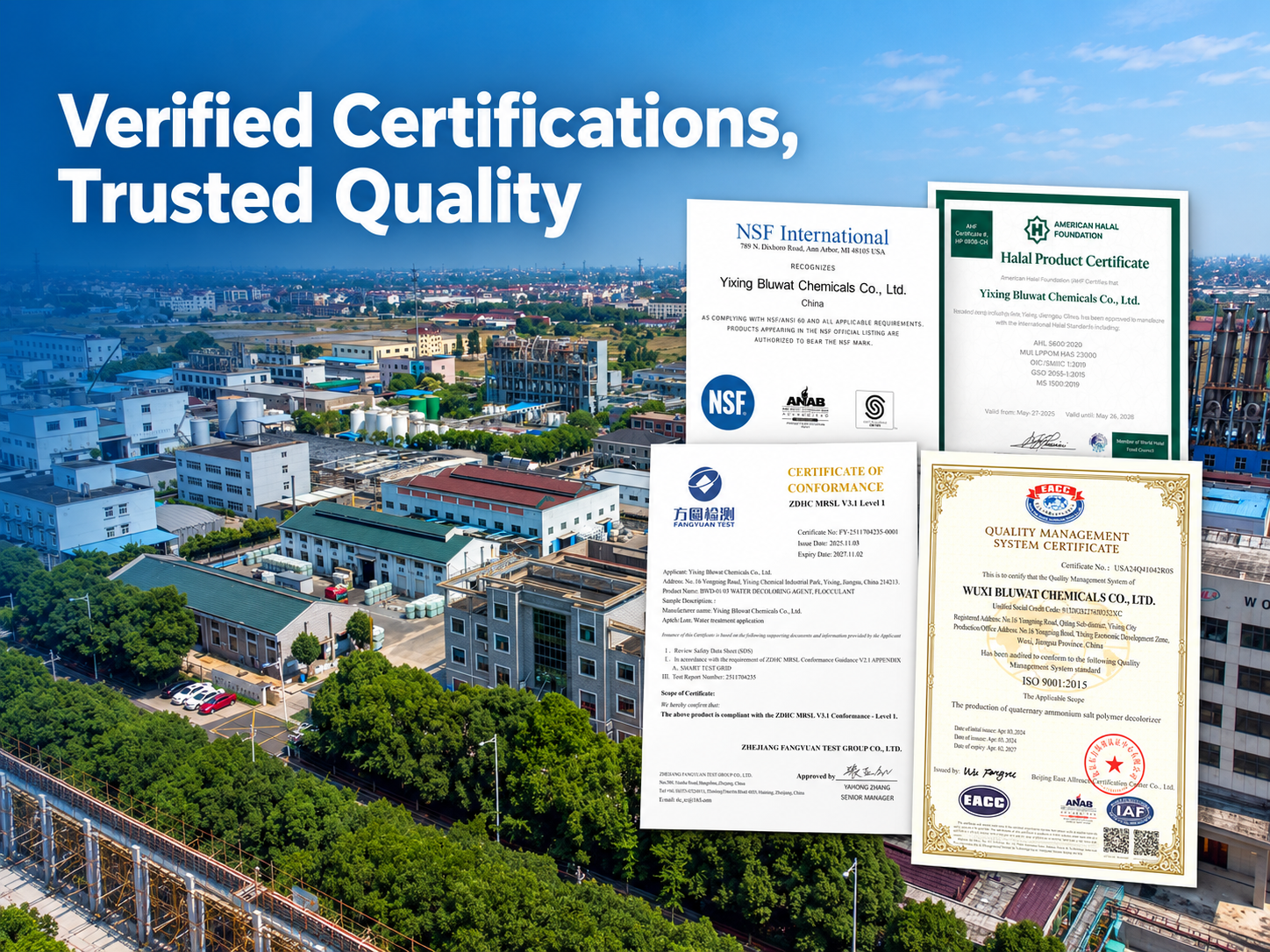 नवीनतम कंपनी ब्लॉग के बारे में Bluwat Chemicals Strengthens Buyer Confidence with Verifiable NSF, Halal, ZDHC and ISO Credentials